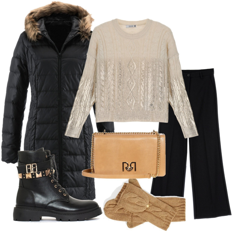 Outfit donna - Pomeriggio invernale. Stile Casual per Tutti i giorni. Abbinamento con anfibi, pantaloni a palazzo, guanti, pullovers, borse a tracolla, piumini.