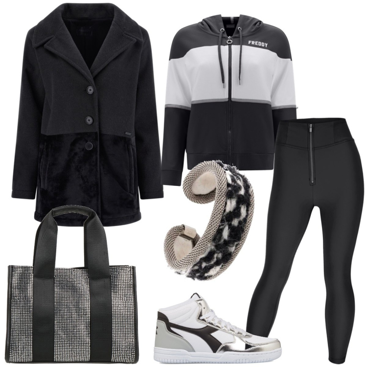 Outfit donna - Total look #1774535. Stile Sporty chic per Tutti i giorni. Abbinamento con borse a mano, braccialetti, pantaloni skinny, cappotti, felpe con cappuccio, sneakers alte.