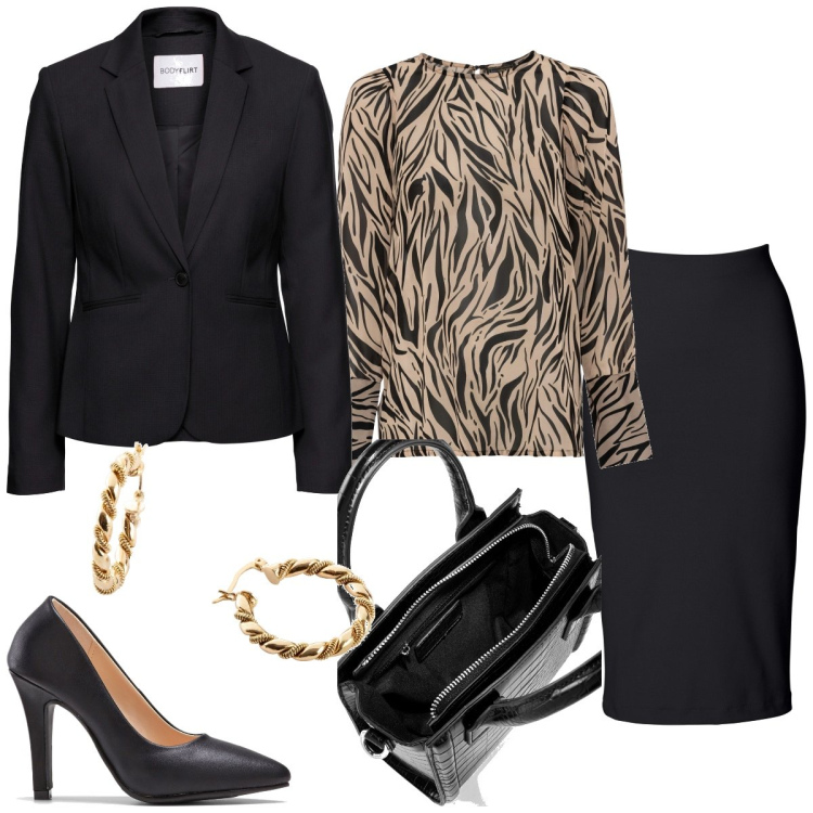 Outfit donna - Total look #1774540. Stile Chic per Ufficio. Abbinamento con gonne longuette, blazer, bluse, borse a mano, décolleté, orecchini.