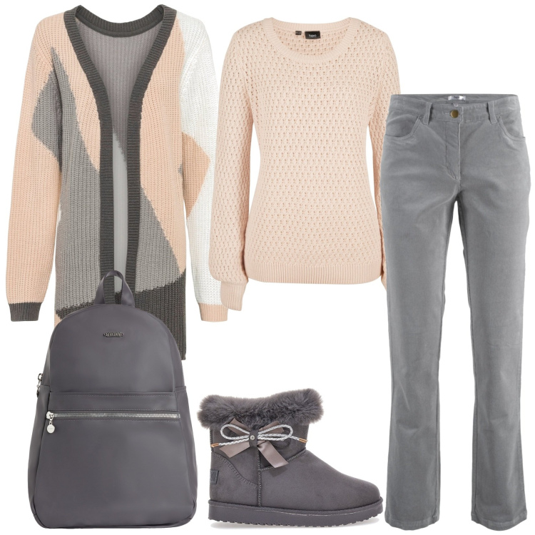 Outfit donna - Gli stivaletti caldissimi. Stile Basic per Scuola/Università. Abbinamento con pantaloni, cardigans, maglieria, zaini, stivaletti.