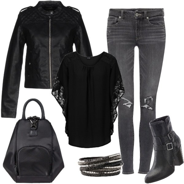 Outfit donna - Black rock. Stile Rock per Serata fuori. Abbinamento con bluse, stivaletti con zip nero, zaino nero, bracciale nero, giacca, jeans skinny grigio.