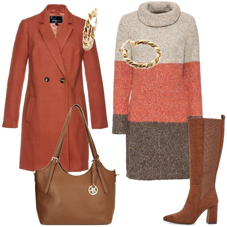 Outfit donna - Toni caldi. Stile Basic per Ufficio. Abbinamento con vestiti, cappotti, orecchini, borse a spalla, stivali sopra il ginocchio.