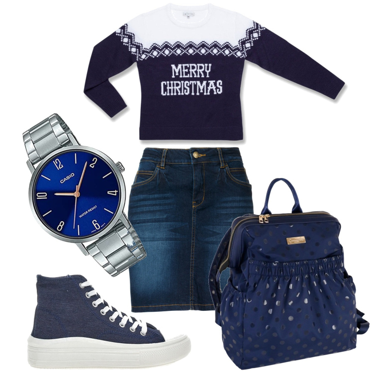 Outfit donna - Maglione di natale blu. Stile Casual per Tutti i giorni. Abbinamento con gonne, maglieria, zaini, sneakers alte, orologi.