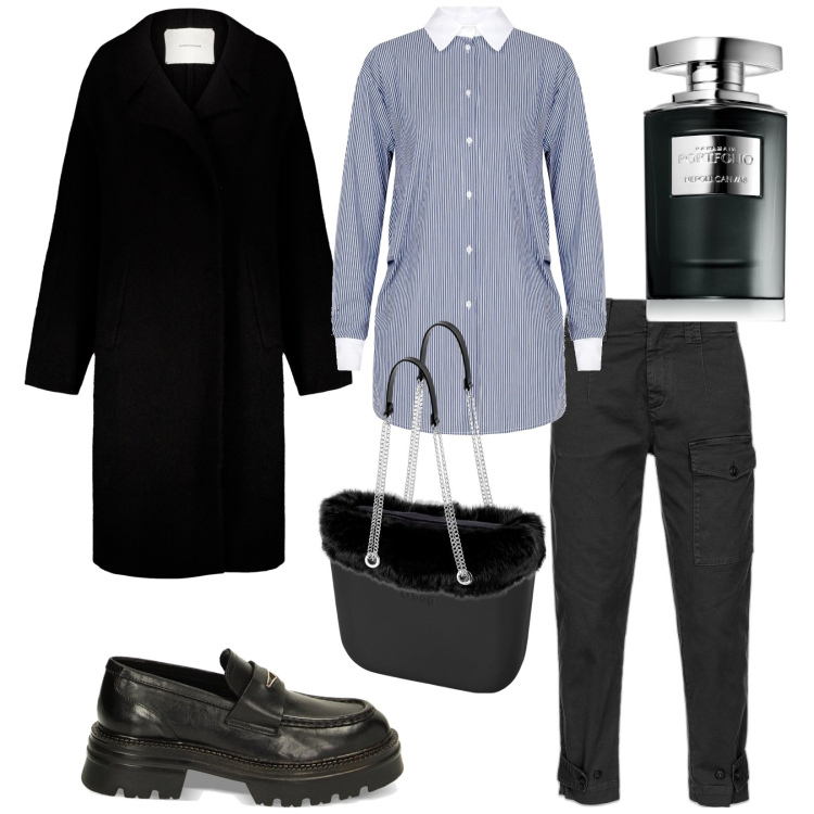Outfit donna - Il cappotto in maglia. Stile Casual chic per Tutti i giorni. Abbinamento con profumi, pantaloni cargo, camicie, mocassini, cappotti, borse a spalla.