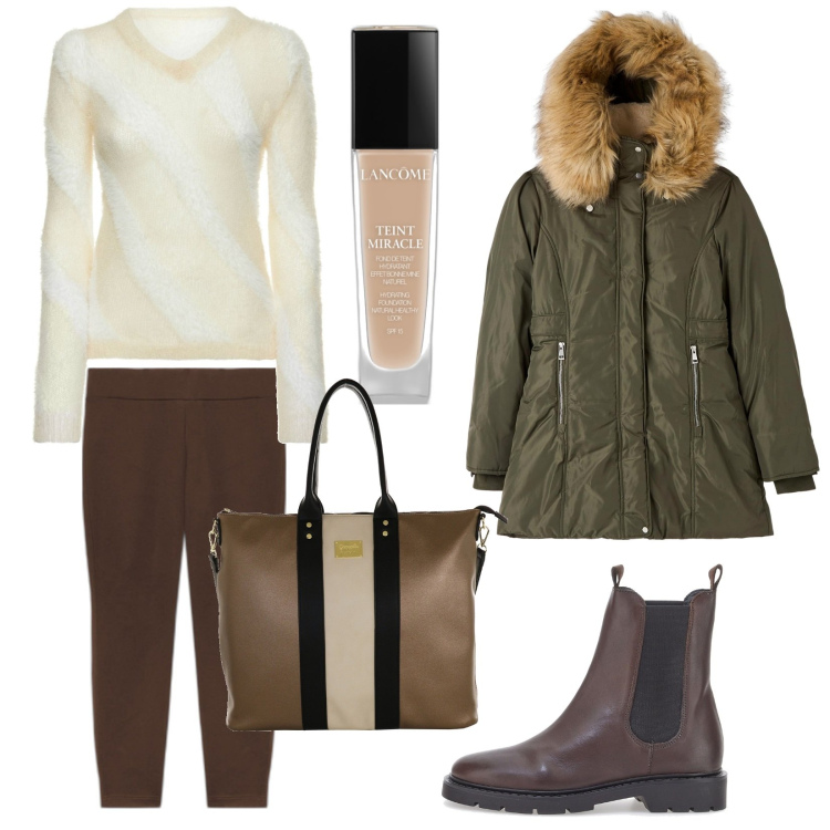 Outfit donna - Il Parka. Stile Trendy per Tutti i giorni. Abbinamento con fondotinta, parka, maglieria, stivaletti chelsea, borse a spalla, pantaloni skinny.