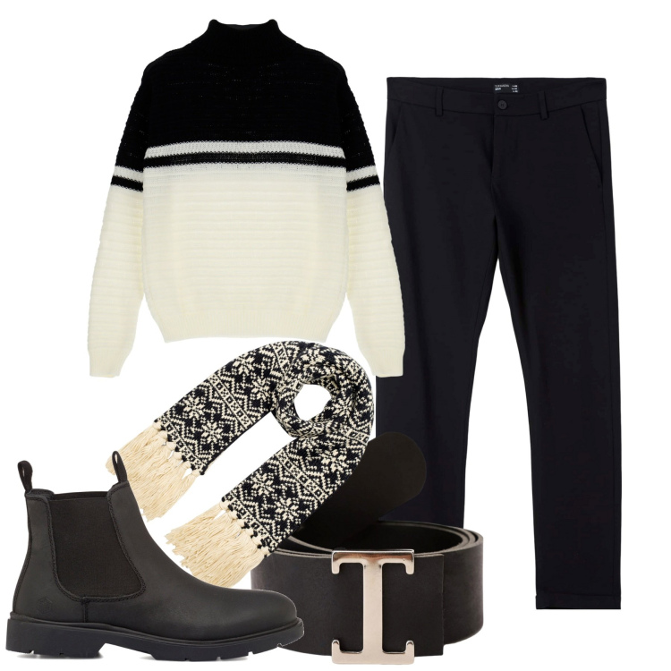 Outfit uomo - Black and white. Stile Trendy per Tutti i giorni. Abbinamento con pantaloni chino, cinture, maglieria, sciarpe, stivali e stivaletti.