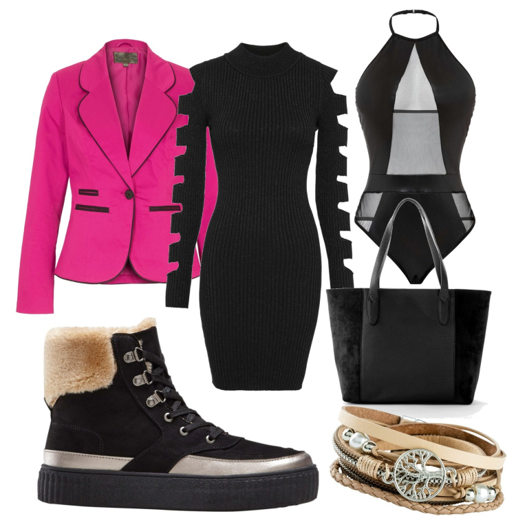 Outfit donna - Fucsia e faux fur beige. Stile Sexy per Serata fuori. Abbinamento con body, braccialetti, shopping bag, vestiti, blazer, stivaletti.