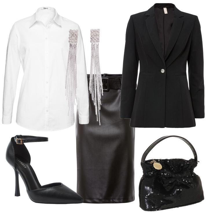 Outfit donna - Natale classico. Stile Bon Ton per Serata fuori. Abbinamento con camicie, orecchini, blazer, gonne longuette, décolleté, valigie.