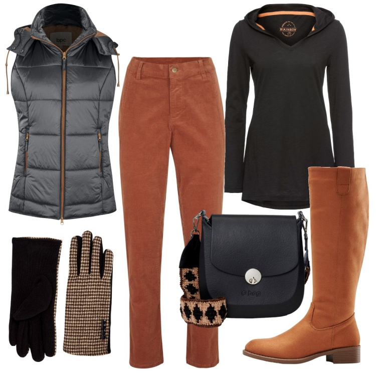 Outfit donna - Toni caldi. Stile Casual chic per Tutti i giorni. Abbinamento con stivali, gilet, maglieria, pantaloni, guanti, borse a spalla.