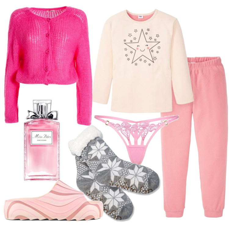 Outfit donna - L\'amica freddolosa. Stile Basic per Tutti i giorni. Abbinamento con pigiama, profumi, cardigans, calzini, ciabatte, perizomi.