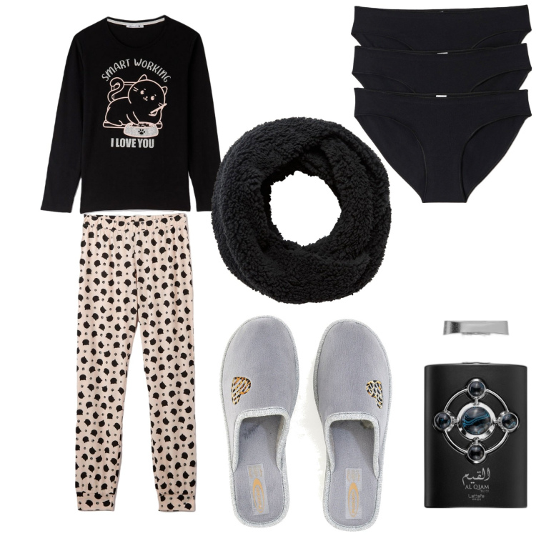Outfit donna - Idee regali. Stile Basic per Tutti i giorni. Abbinamento con profumi, culotte, pigiama, sciarpe, pantofole.
