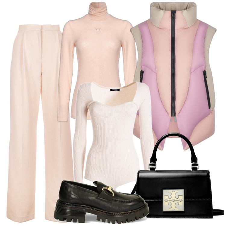 Outfit donna - Un giro in centro. Stile Chic per Serata fuori. Abbinamento con maglieria, body, pantaloni, mocassini, piumini, borse a mano.