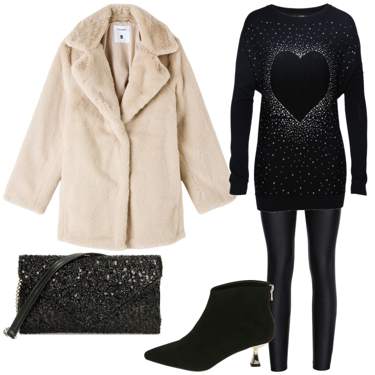 Outfit donna - Frammenti di stelle. Stile Glamour per Serata fuori. Abbinamento con pullovers, leggings, ecopellicce, stivaletti, borse a tracolla.