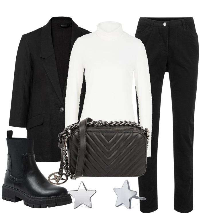 Outfit donna - Basic in città. Stile Basic per Tutti i giorni. Abbinamento con pantaloni, maglieria, blazer, stivali sopra il ginocchio, orecchini, borse a tracolla.