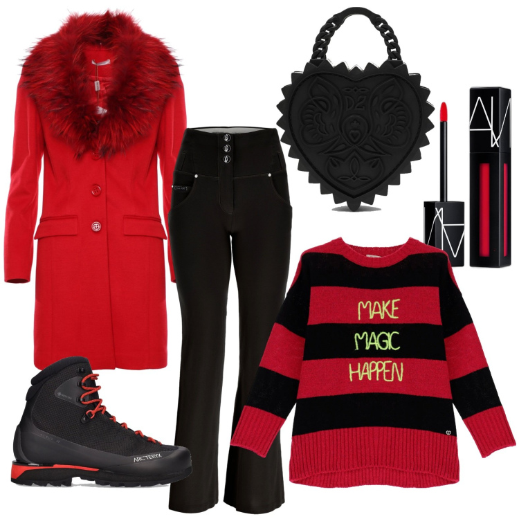 Outfit donna - Notte di Natale in montagna. Stile Casual chic per Serata fuori. Abbinamento con rossetti, cappotti, maglieria, pantaloni, stivaletti, borse a mano.