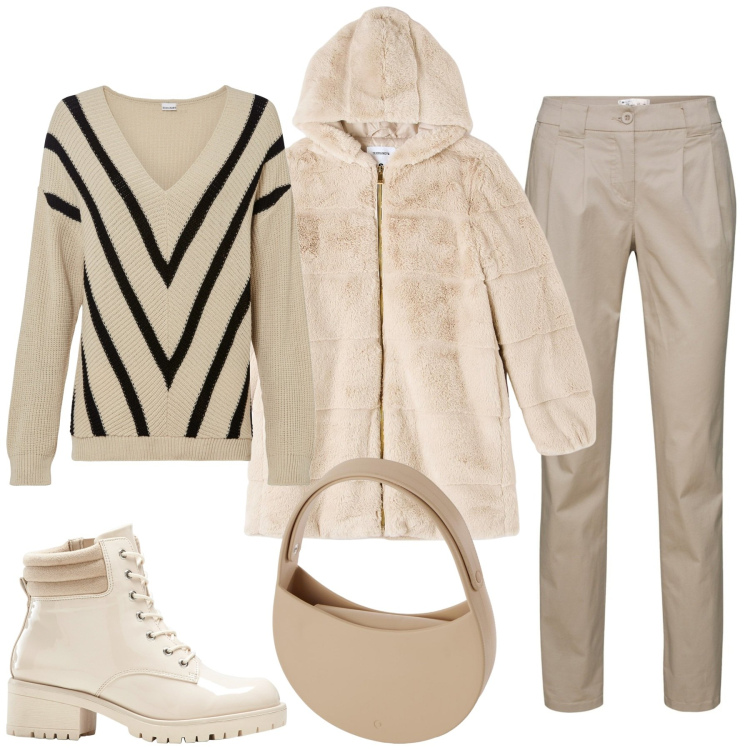 Outfit donna - Casual con stile. Stile Casual chic per Tutti i giorni. Abbinamento con pantaloni chino, maglieria, stivaletti, ecopellicce, borse a spalla.