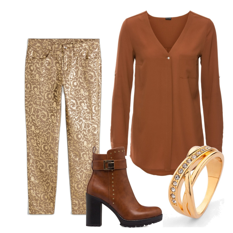 Outfit donna - Shining. Stile Glamour per Serata fuori. Abbinamento con camicie, anelli, pantaloni, stivaletti.