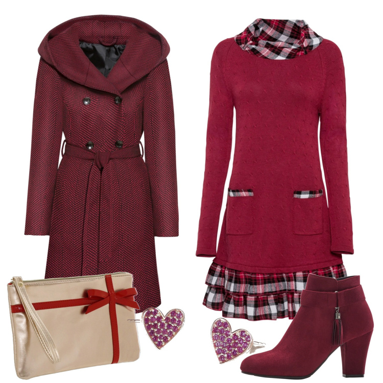 Outfit donna - Inserti tartan. Stile Casual chic per Tutti i giorni. Abbinamento con cappotti, vestiti lunghi, stivaletti, orecchini, pochette.