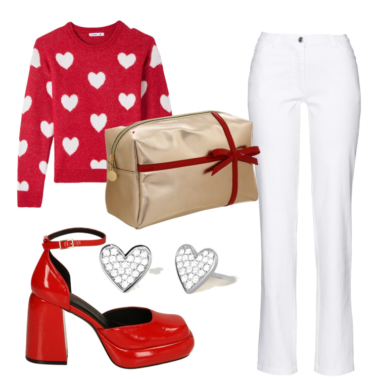 Outfit donna - Cuori. Stile Romantica per Tutti i giorni. Abbinamento con pantaloni, maglieria, orecchini, décolleté, pochette.