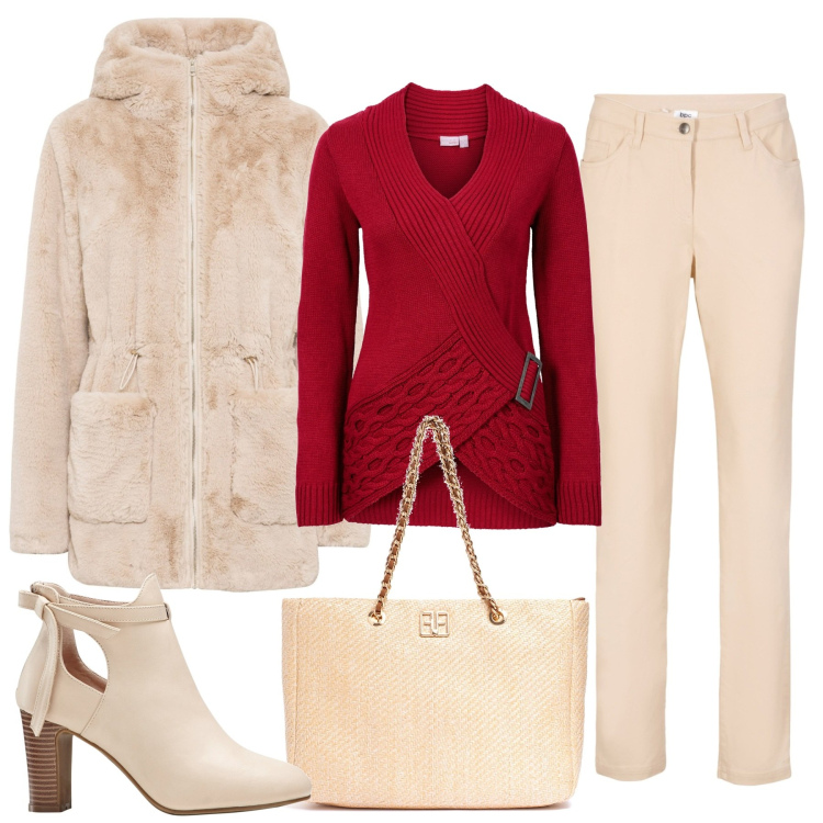 Outfit donna - Feste di Natale. Stile Chic per Tutti i giorni. Abbinamento con stivaletti, ecopellicce, maglieria, pantaloni, borse a spalla.