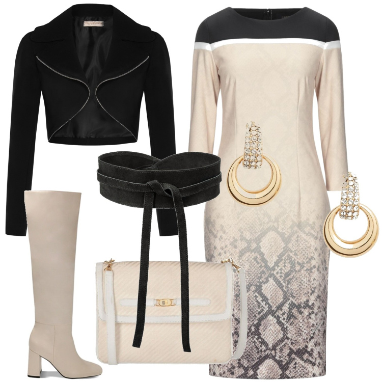 Outfit donna - Total look #1775009. Stile Chic per Serata fuori. Abbinamento con cinture, vestiti midi/longuette, borse a tracolla, cappotti, stivali sopra il ginocchio, orecchini.