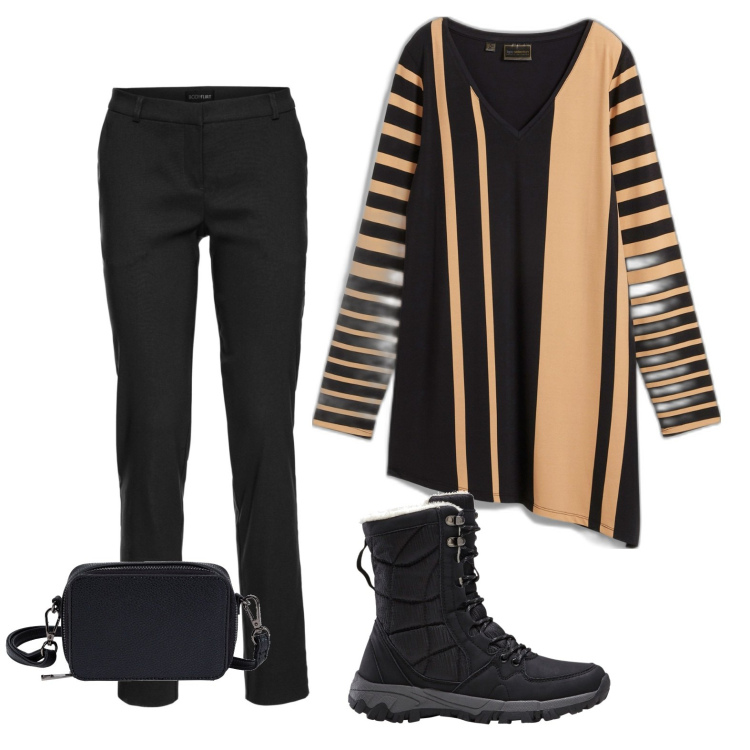 Outfit donna - Mantella a righe. Stile Casual per Ufficio. Abbinamento con borse a tracolla, maglieria, pantaloni, stivaletti.