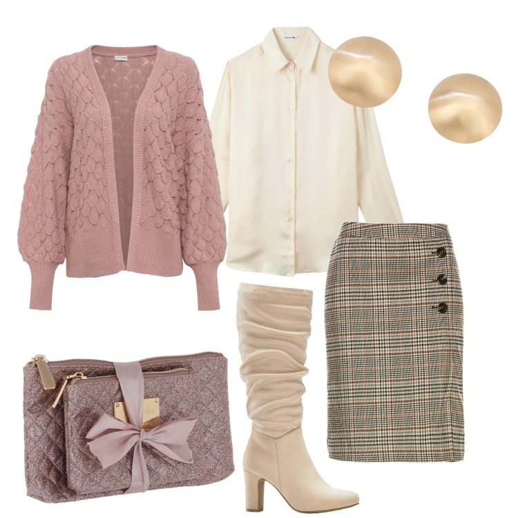 Outfit donna - Camomilla Christmas 23. Stile Bon Ton per Ufficio. Abbinamento con cardigans, gonne, stivali sopra il ginocchio, camicie, orecchini, pochette.