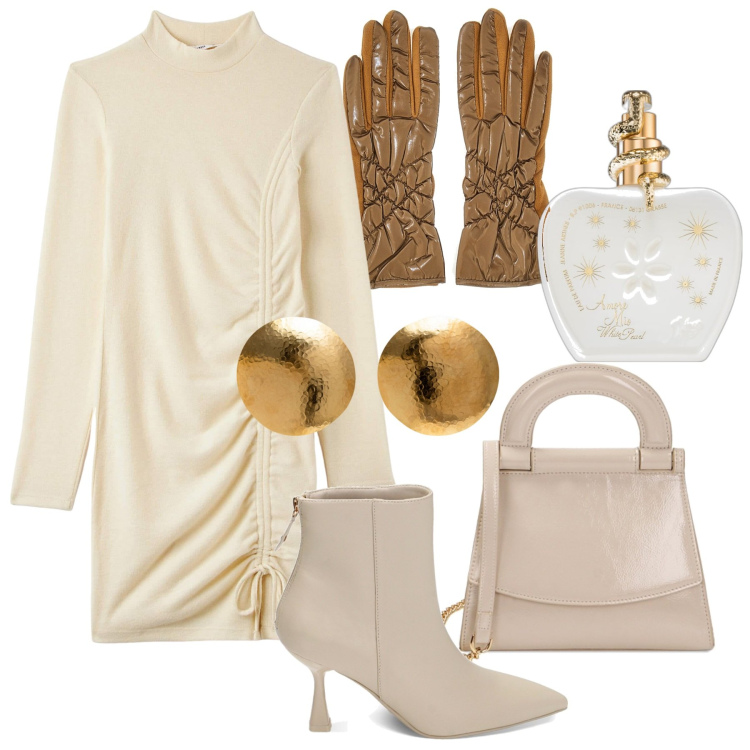 Outfit donna - Idee regalo toni chiari. Stile Chic per Serata fuori. Abbinamento con profumi, vestiti corti, stivaletti, borse a mano, guanti, orecchini.