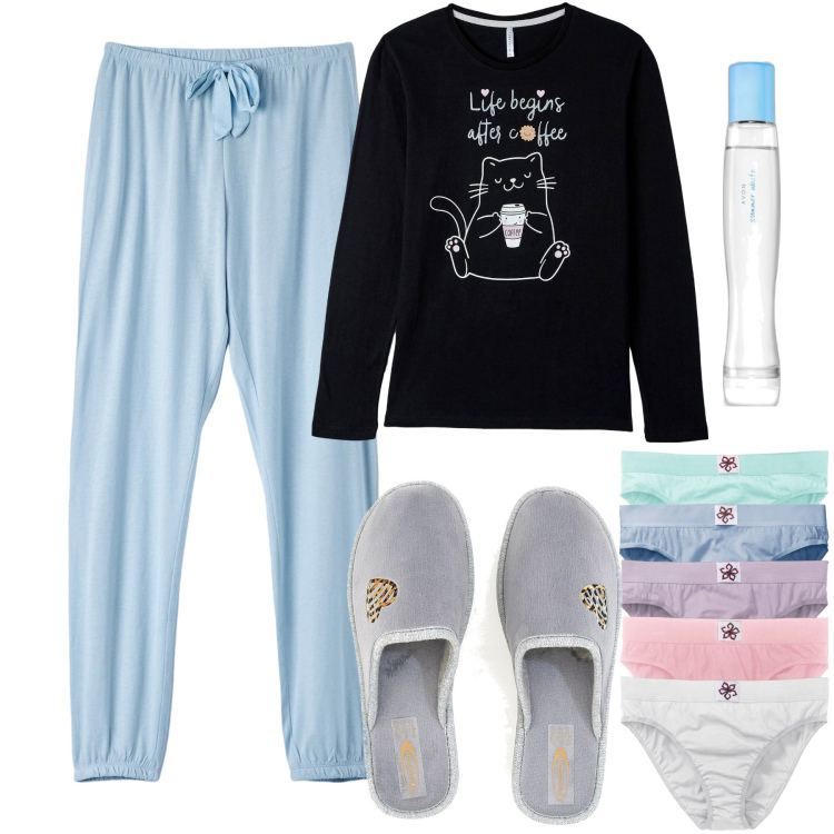 Outfit donna - Idee regalo. Stile Basic per Tutti i giorni. Abbinamento con slip, profumi, pantaloni, pigiama, pantofole.
