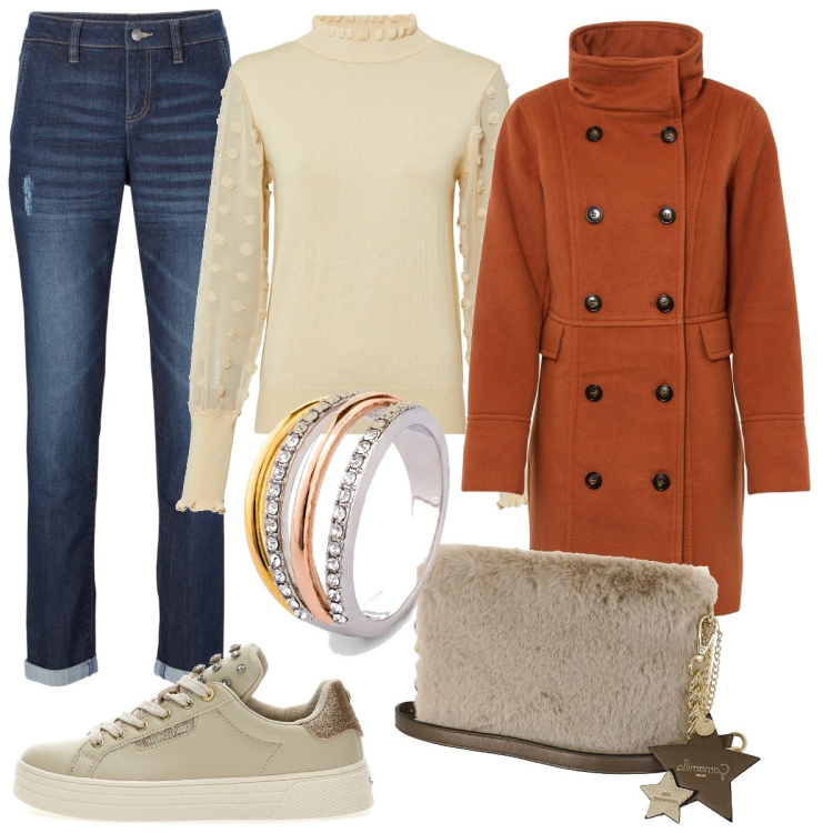 Outfit donna - Il cappotto color zucca. Stile Casual chic per Tutti i giorni. Abbinamento con jeans boyfriend, maglieria, cappotti, anelli, borse a tracolla, sneakers.