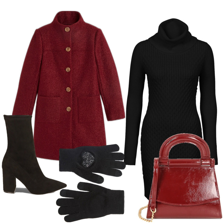 Outfit donna - Inverno. Stile Casual chic per Serata fuori. Abbinamento con vestiti, cappotti, guanti, stivaletti, borse a mano.