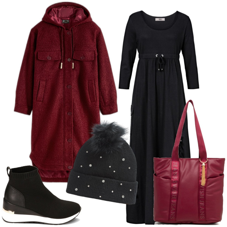 Outfit donna - Il vestito anche in inverno. Stile Urban per Tutti i giorni. Abbinamento con vestiti lunghi, cappotti, berretti, sneakers alte, borse a spalla.