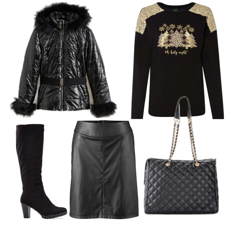Outfit donna - Buone feste. Stile Casual chic per Tutti i giorni. Abbinamento con stivali, shopping bag, gonne, maglieria, blazer.