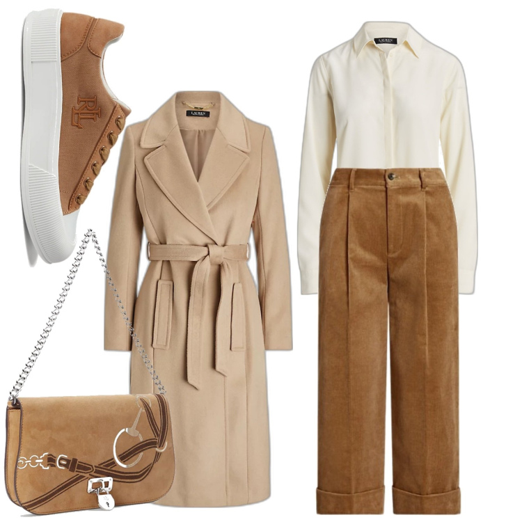Outfit donna - Casual chic Ralph Lauren. Stile Casual chic per Tutti i giorni. Abbinamento con camicie, pantaloni culotte, sneakers, borse a spalla, cappotti.
