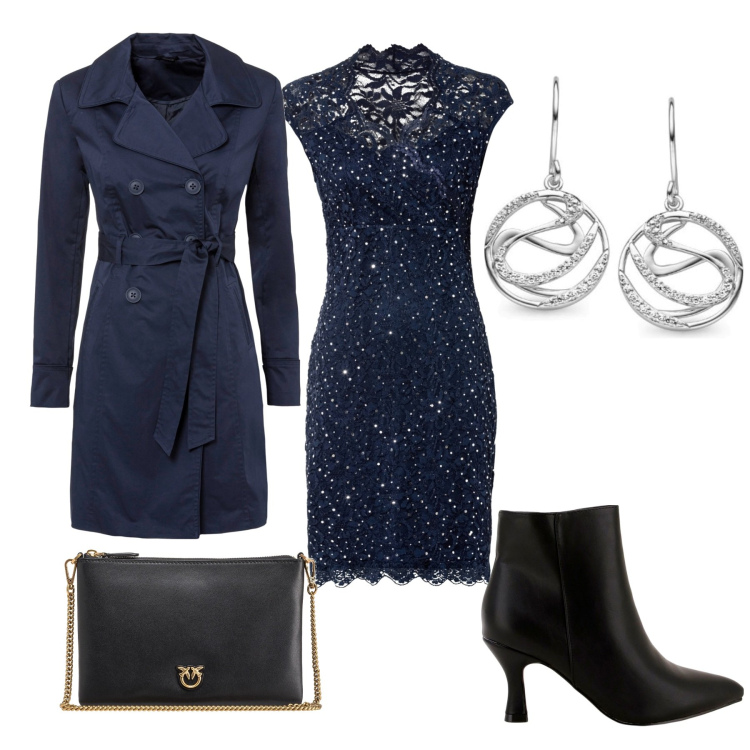 Outfit donna - Cena di natale con i amici. Stile Sexy per Serata fuori. Abbinamento con trench, vestiti, borse a tracolla, stivaletti, orecchini.