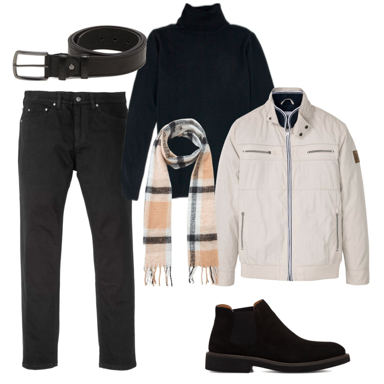 Outfit uomo - Nero e beige. Stile Casual per Tutti i giorni. Abbinamento con jeans slim fit, giacche, sciarpe, stivali e stivaletti, cinture, pullovers.