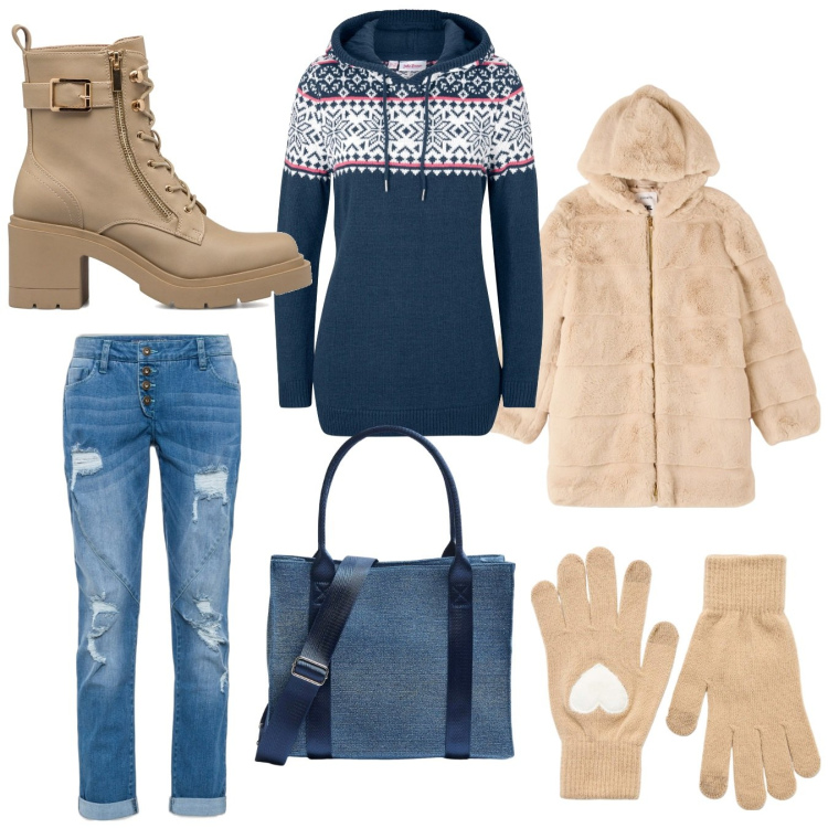 Outfit donna - A prova di freddo. Stile Casual per Tutti i giorni. Abbinamento con maglieria, jeans boyfriend, guanti, ecopellicce, shopping bag, anfibi.