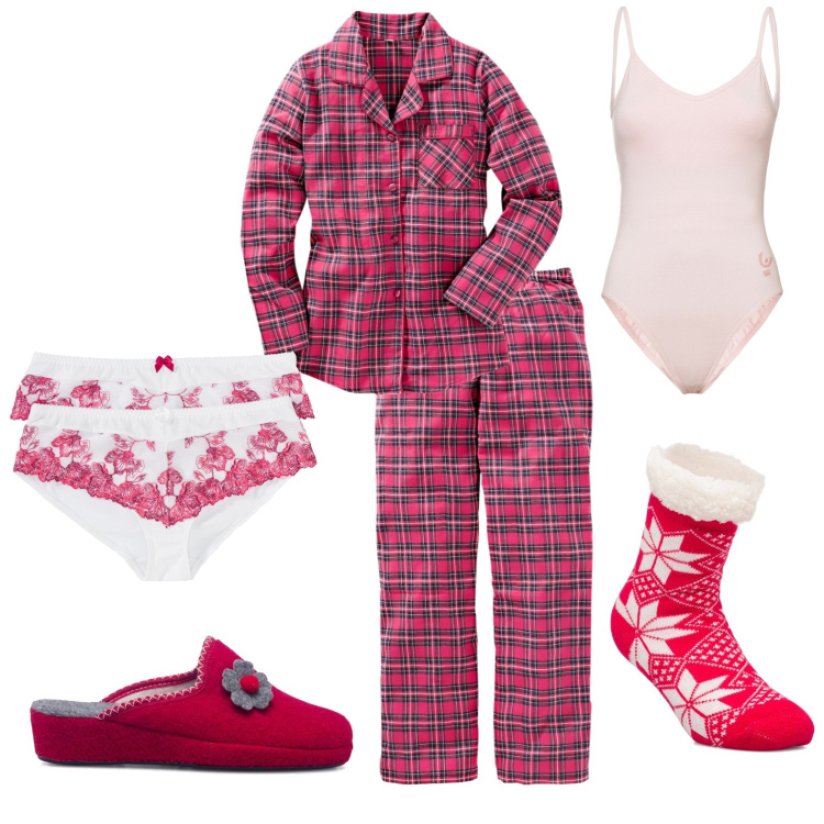 Outfit donna - A nanna. Stile Casual per Tutti i giorni. Abbinamento con pigiama, culotte, body, pantofole, calzini.