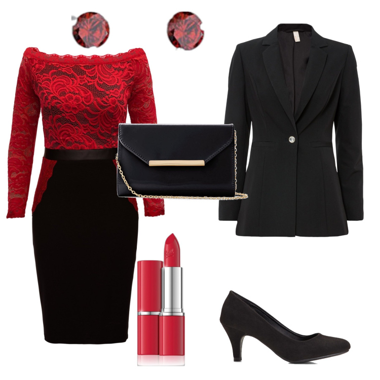 Outfit donna - Cena aziendale. Stile Sexy per Serata fuori. Abbinamento con décolleté, vestiti a tubino, blazer, pochette, rossetti, orecchini.