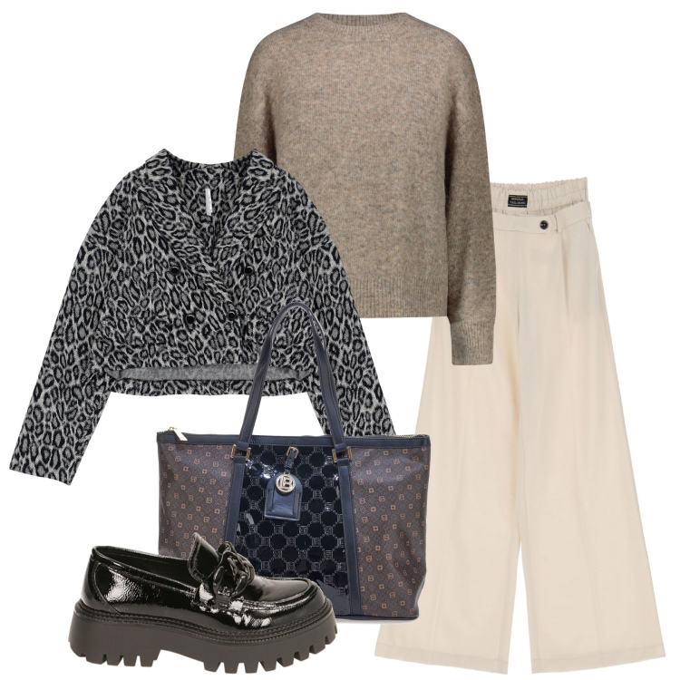 Outfit donna - In centro. Stile Urban per Tutti i giorni. Abbinamento con pantaloni a palazzo, blazer, mocassini, maglieria, borse a spalla.