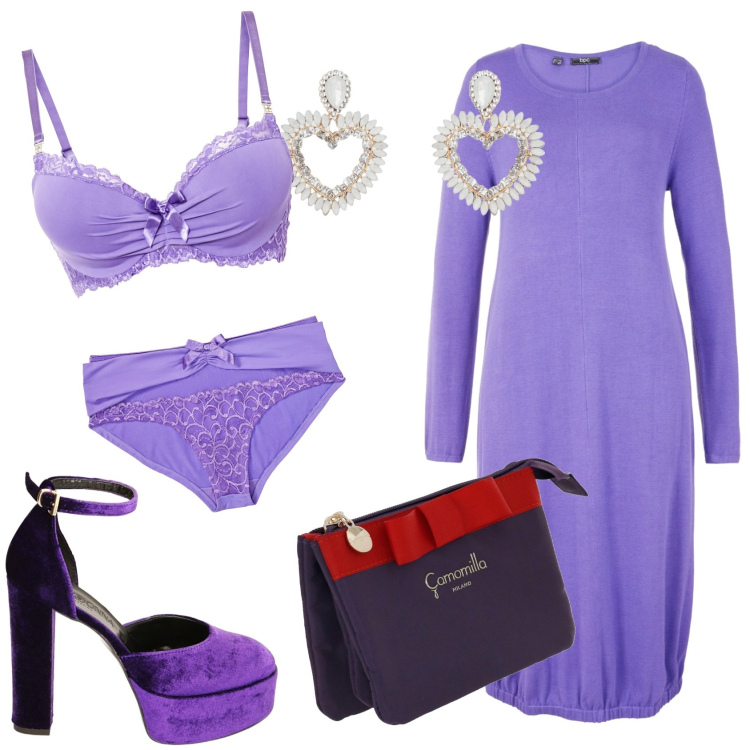 Outfit donna - Natale a casa mia. Stile Glamour per Serata fuori. Abbinamento con culotte, reggiseni, vestiti midi/longuette, orecchini, décolleté, pochette.
