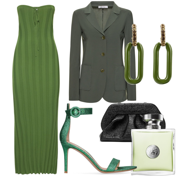 Outfit donna - Happy green. Stile Glamour per Serata fuori. Abbinamento con profumi, vestiti midi/longuette, orecchini, sandali in pelle, cappotti, clutch.