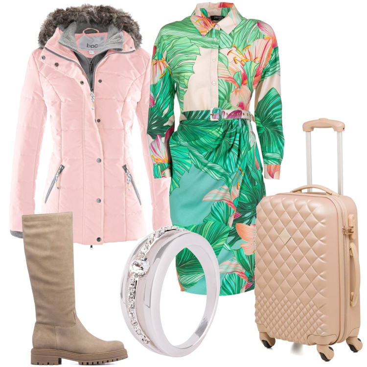 Outfit donna - Vengo da te a Natale. Stile Casual chic per Tutti i giorni. Abbinamento con piumini, anelli, vestiti, valigie, stivali sopra il ginocchio.