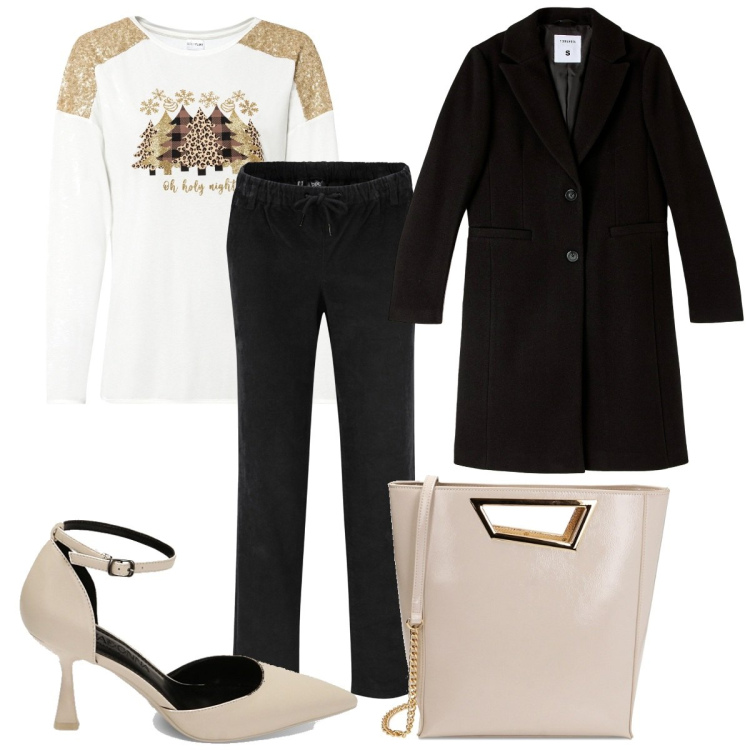 Outfit donna - Serata natalizia con amici. Stile Chic per Serata fuori. Abbinamento con pantaloni, maglieria, cappotti, borse a mano, décolleté.
