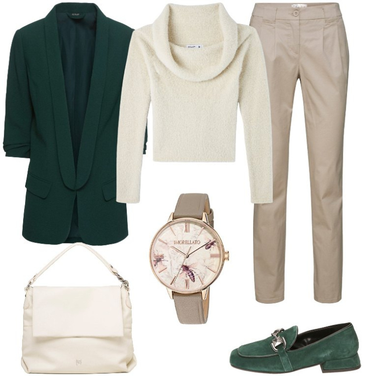 Outfit donna - Lunedi di dicembre in ufficio. Stile Casual chic per Ufficio. Abbinamento con pantaloni chino, blazer, maglieria, mocassini, borse a spalla, orologi analogici.