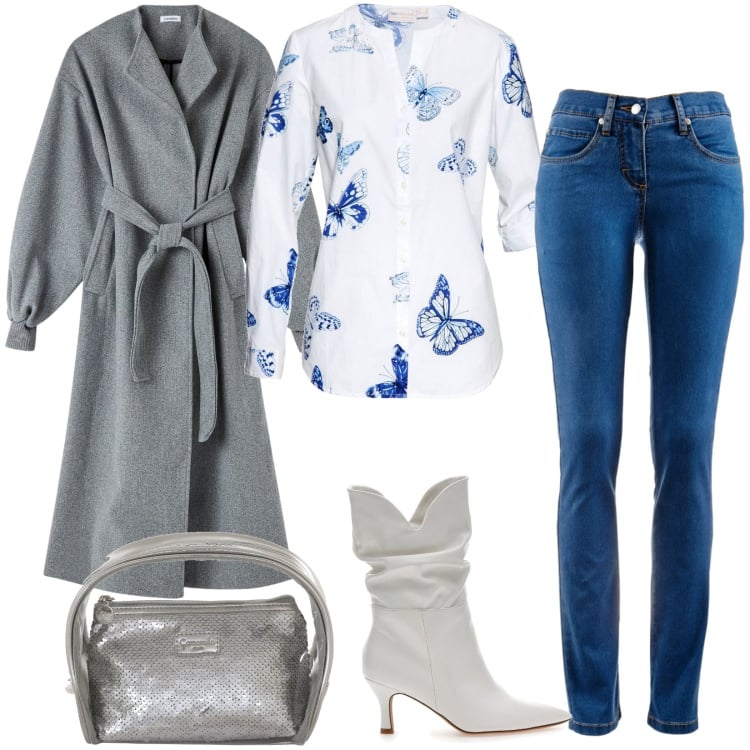 Outfit donna - Total look #1775212. Stile Casual per Tutti i giorni. Abbinamento con jeans dritti, camicie, cappotti, valigie, stivaletti.