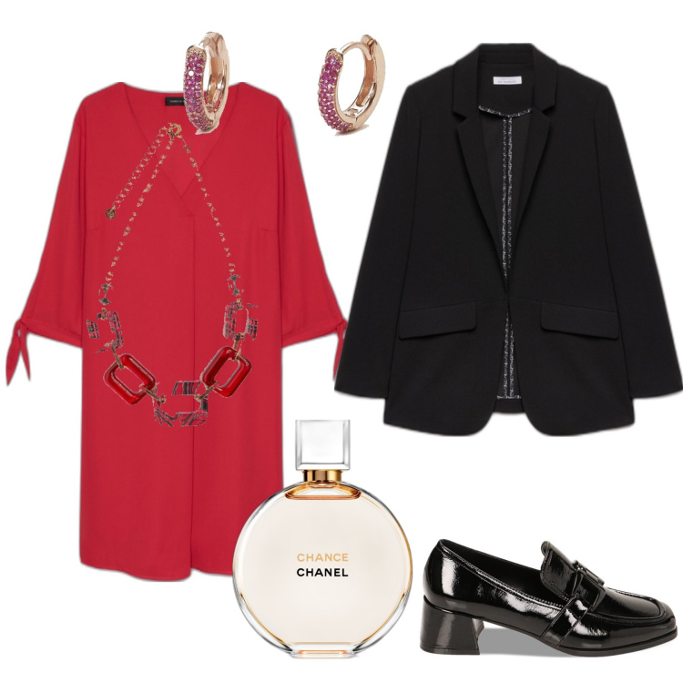 Outfit donna - Look comodo per le feste. Stile Casual chic per Cerimonia. Abbinamento con profumi, orecchini, mocassini, vestiti, collane, blazer.