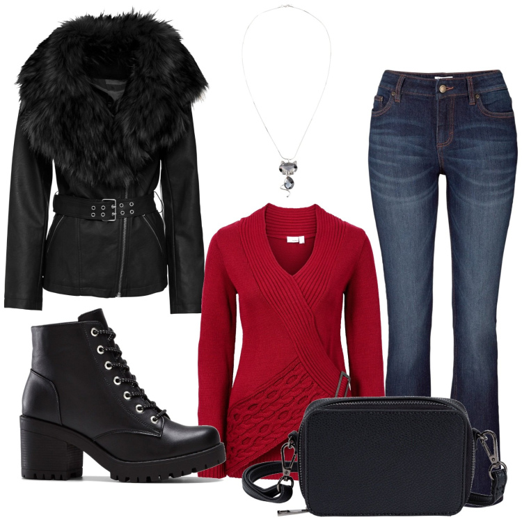 Outfit donna - Bonprix. Stile Casual per Tutti i giorni. Abbinamento con jeans bootcut, stivaletti, borse a tracolla, maglieria, blazer, collane.
