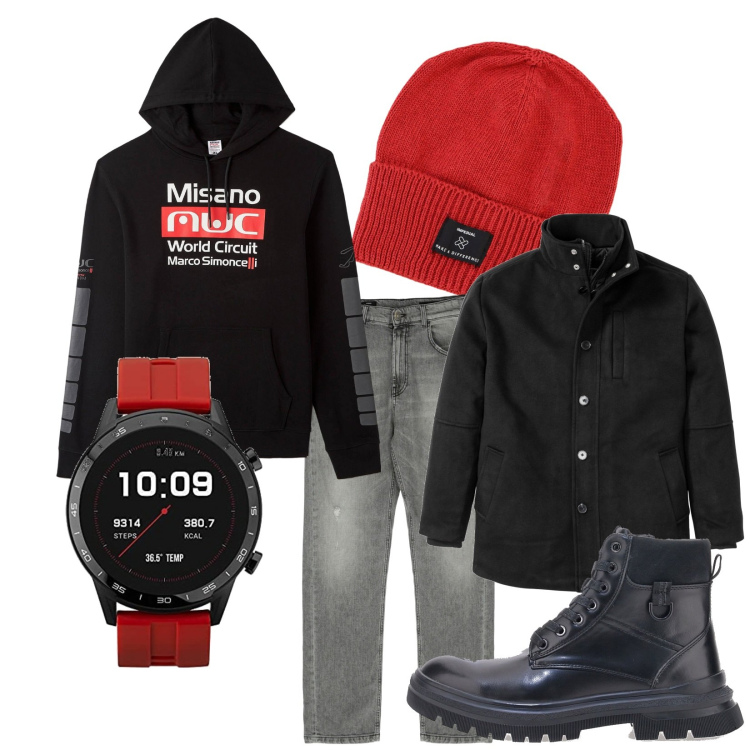 Outfit uomo - Fase finale Europei 2024. Stile Casual per Tutti i giorni. Abbinamento con giacche, felpe con cappuccio, jeans dritti, berretti, anfibi, orologi.