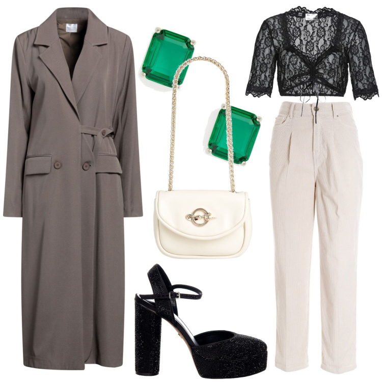 Outfit donna - Christmas in the air. Stile Chic per Tutti i giorni. Abbinamento con cappotti, borse a spalla, camicie, scarpe col tacco, pantaloni, orecchini.